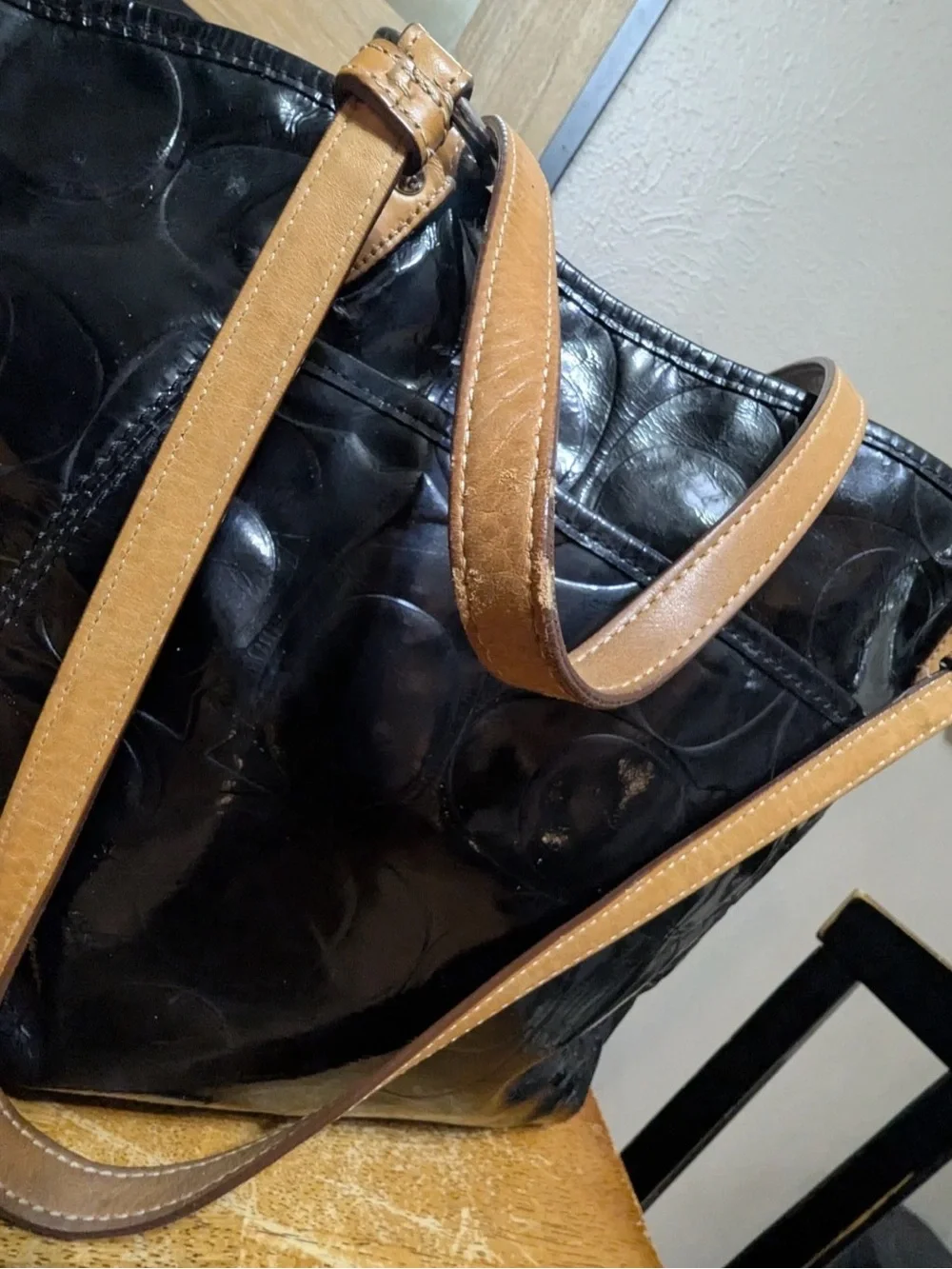 COACH Signature LEAH Black Embossed Patent Leather Logo SHOULDER TOTE BAG F14663